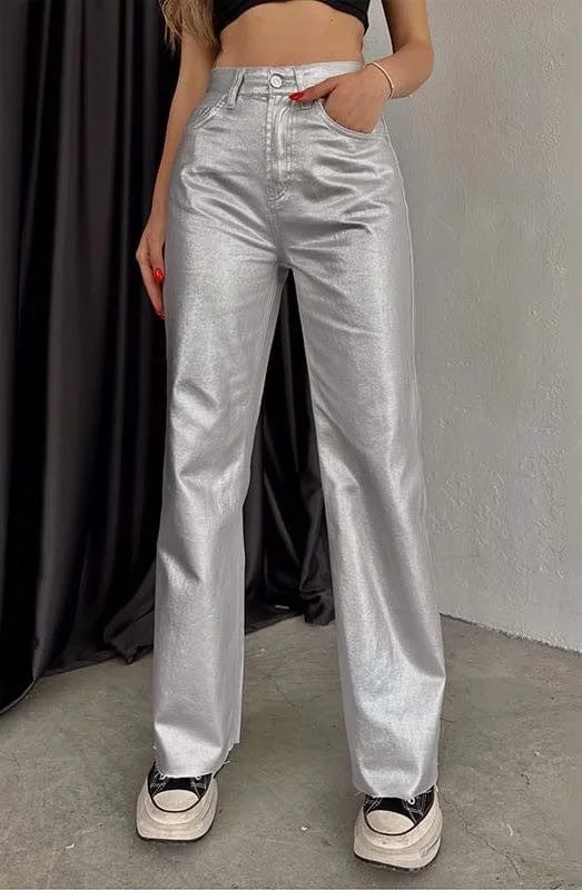 Miss Sparkling Metallic Bootcut Pants in Silver Modern Bootcut Pants