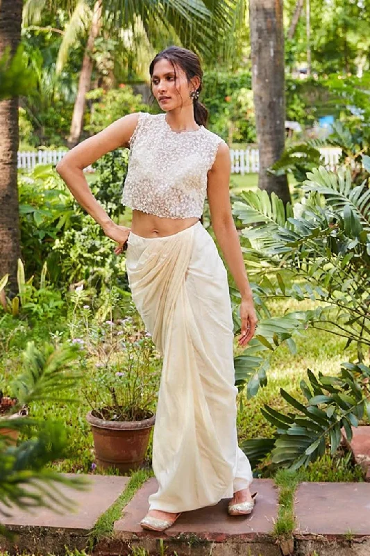 BEIGE SAREE STYLE SKIRT WITH BUSTIER AND ORGANZA CROP TOP Real Fur Shearling Chenille