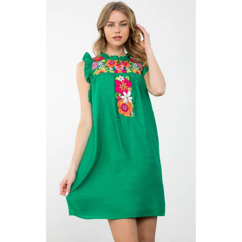 Emmie Sleeveless Green Embroidered THML Dress Turtleneck Warm Winter