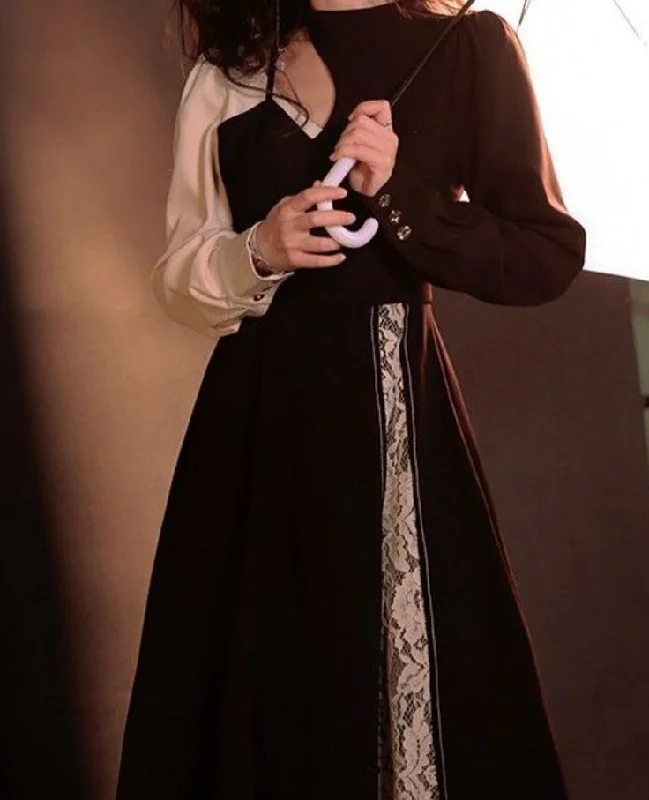 Autumn French Vintage Midi Dress Women Black Lace Patchwork Korean Party Dress Sexy Hollow Out Female Casual Elegant Dress Tunics Business professional Autumn French Vintage Midi Dress Women Black Lace Patchwork Korean Party Dress Sexy Hollow Out Female Casual Elegant Dress Tunics Business professional