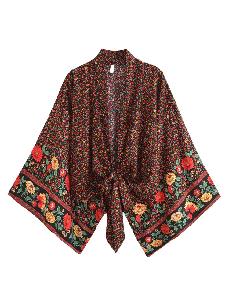 Raven Romance Boho Floral Print Crop Top Hooded Caped Shawl Collar