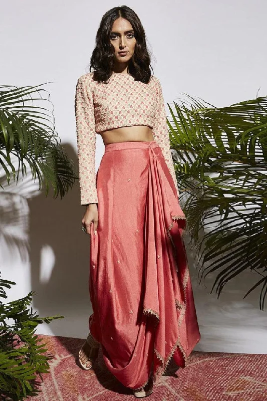 EMBROIDERED CROP TOP WITH PINK DRAPE SKIRT Satin Fabric Silk Fabric Chiffon Fabric