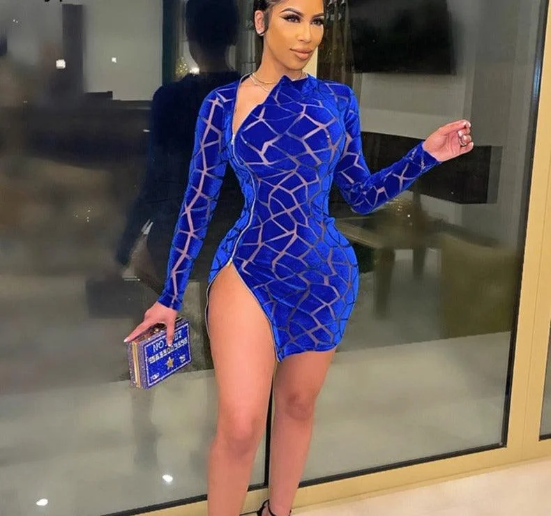Women's Long Sleeve Side Slit Skinny Velvet Short Party Dress Lace Sexy Club