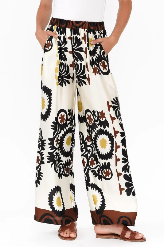 Plato Cream Abstract Wide Leg Pants Comfortable Jogger Trousers