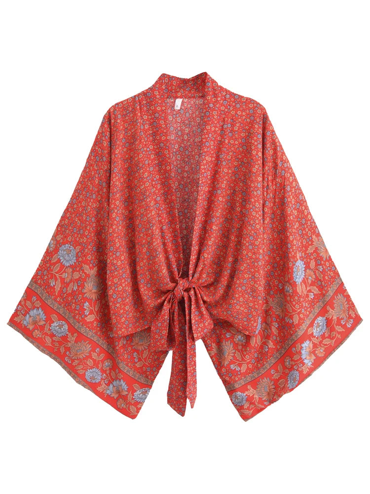 Rose Red Boho Floral Print Crop Top Collared Crew Neck Turtle Neck