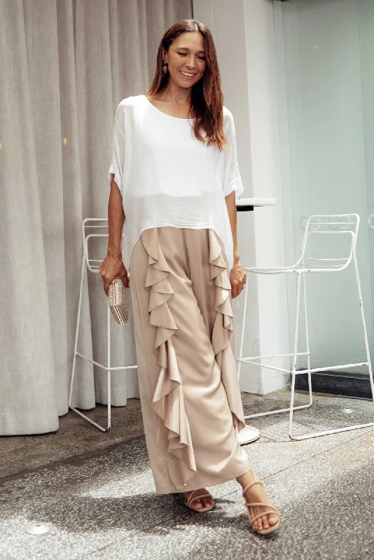 Dancer Taupe Ruffle Pants Trendy Tapered Pants