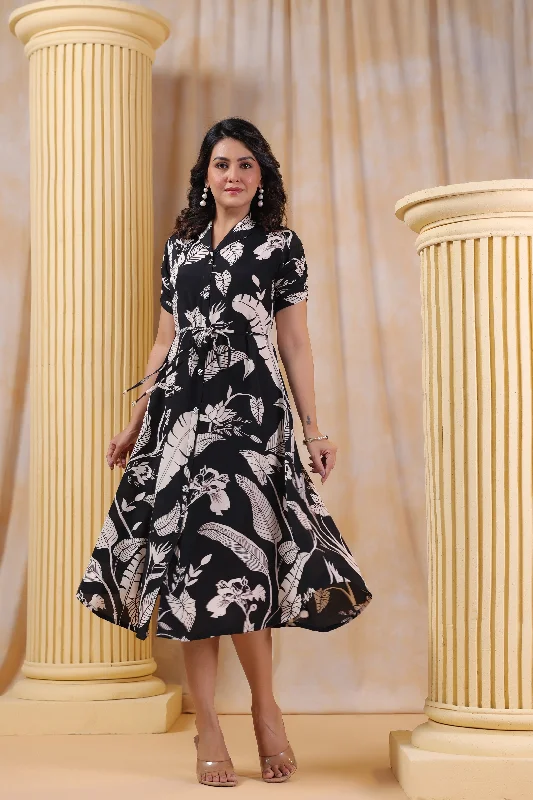 Black  Russian Silk Floral Print Dress With Belt Elegant Long Evening