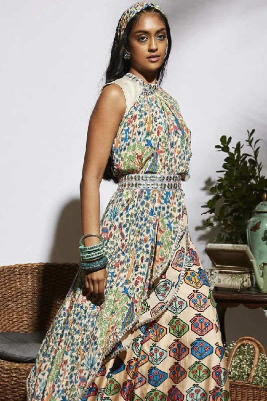 BEIGE CROP TOP WITH JAAL AND KAIRI PRINT ATTACHED DRAPE PAIRED WITH KAIRI PRINT SHARARA Anti-Shrink Durable Soft BEIGE CROP TOP WITH JAAL AND KAIRI PRINT ATTACHED DRAPE PAIRED WITH KAIRI PRINT SHARARA Anti-Shrink Durable Soft