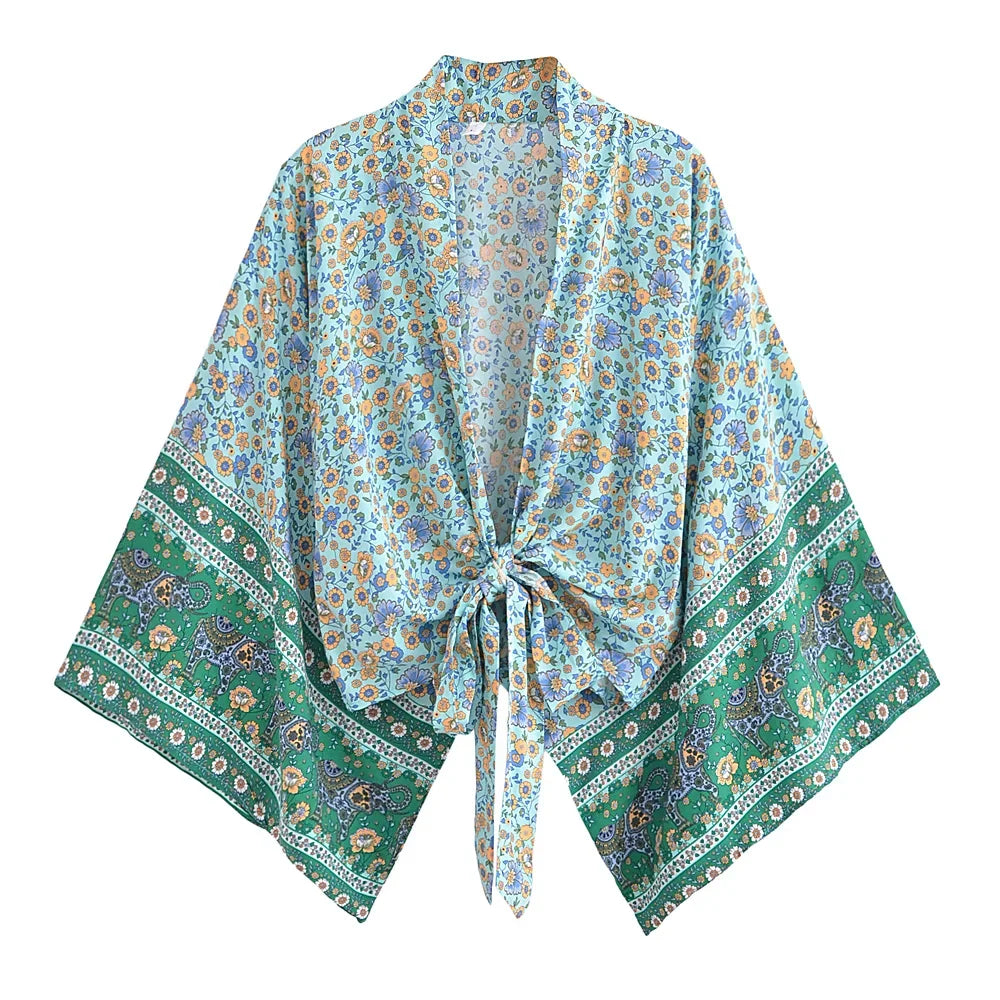 Juniper Dream Boho Floral Print Crop Top Spandex Blend Rayon Blend Denim Blend