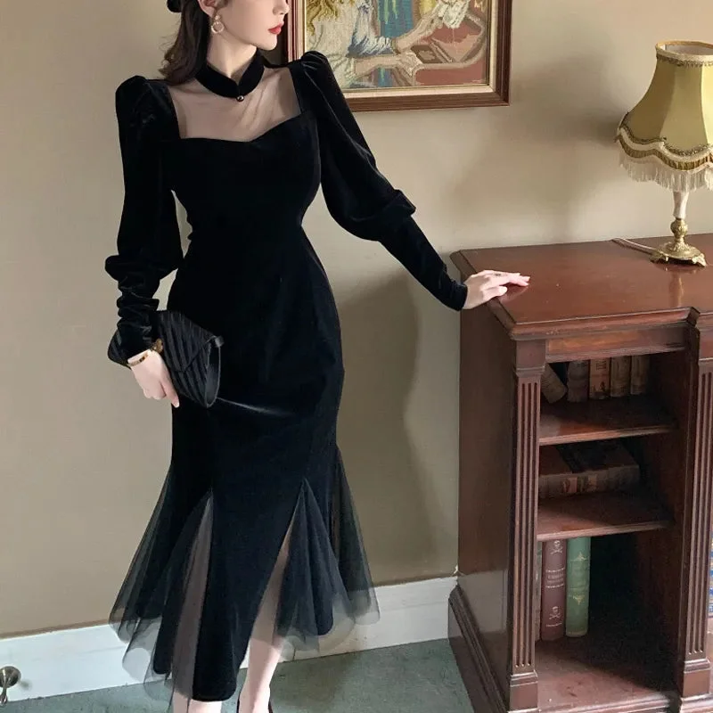 Elegant Mesh Velvet Black Long Dress Women Vintage Gothic Slim Party Dresses Female Winter Sexy Split Hollow Christmas Dress New Tunics Practical easy-care Elegant Mesh Velvet Black Long Dress Women Vintage Gothic Slim Party Dresses Female Winter Sexy Split Hollow Christmas Dress New Tunics Practical easy-care