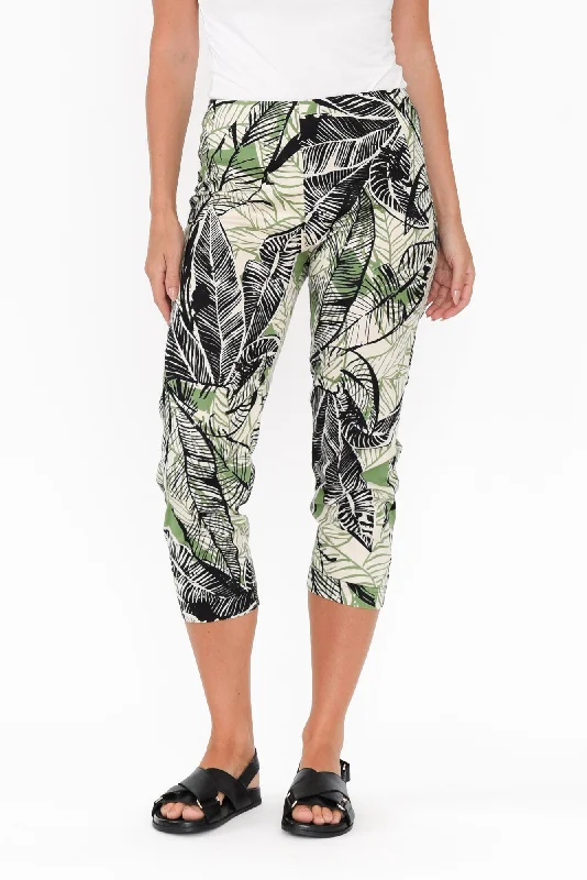 Ciera Green Leaf Cotton Capri Pants High-Waist Trousers