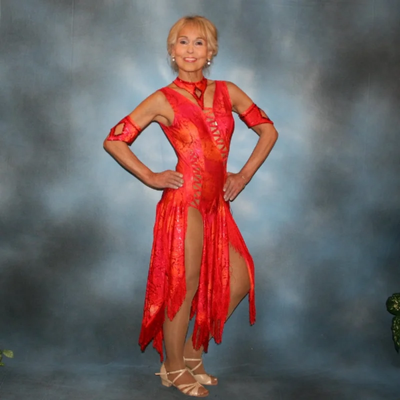 Red Latin-Rhythm Dress with Fringe & Siam Red Swarovski Rhinestones on Neckpiece & Armbands-Lava Tunics Luxurious high-end Red Latin-Rhythm Dress with Fringe & Siam Red Swarovski Rhinestones on Neckpiece & Armbands-Lava Tunics Luxurious high-end