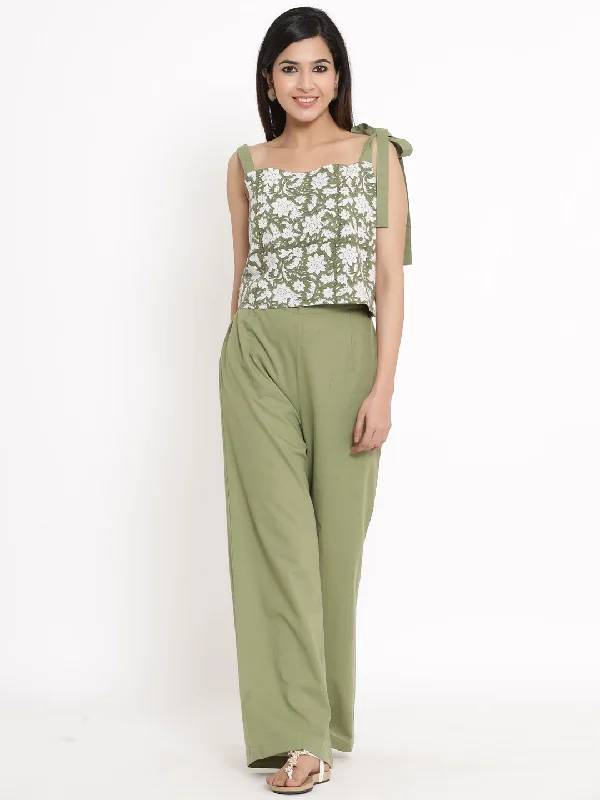 Women's Printed Cotton Fabric Crop Top & Palazzo Green Color - Kipek Embroidered Appliqued Beaded