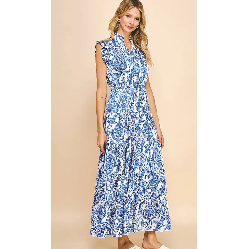Cyrus Blue Paisley Maxi PINCH Dress sweetheart Neckline Romantic