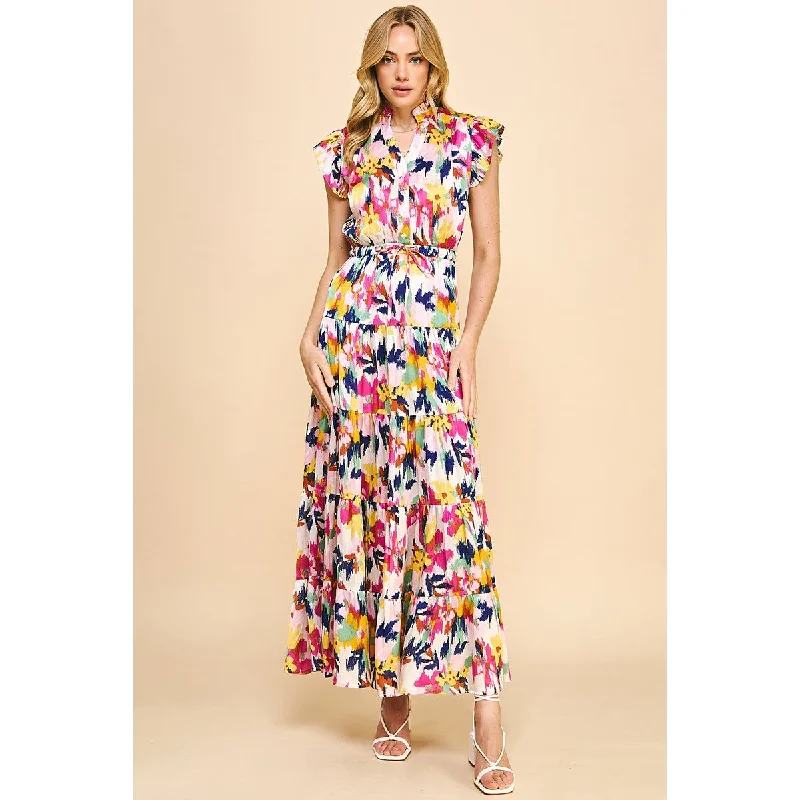 Abelia Print Satin Tiered Maxi PINCH Dress Tunics Canvas sturdy