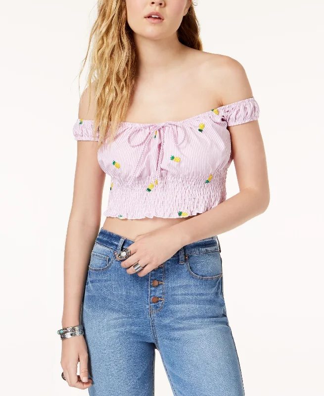 Juniors' Off-The-Shoulder Crop Top Silk Blend Satin Velvet