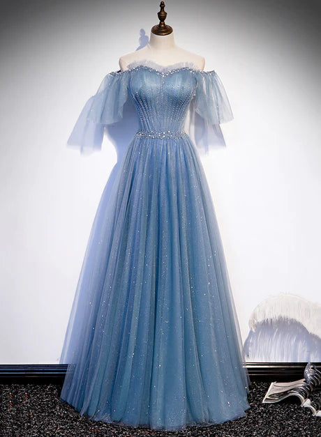 Charming light blue sheer bubble sleeves and floor to floor party dress, blue A-line strapless long evening dress Tunics Leisure comfortable Charming light blue sheer bubble sleeves and floor to floor party dress, blue A-line strapless long evening dress Tunics Leisure comfortable