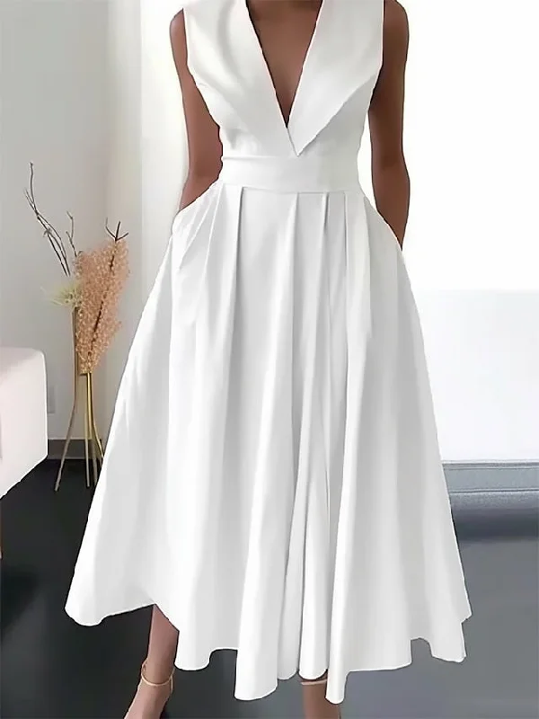 Women's Party Dress Swing Dress White Dress Midi Dress White Sleeveless Pure Color Ruched Summer Spring V Neck Fashion Birthday Wedding Guest Vacation Loose Fit S M L XL 2XL 3XL Tunics Sophisticated sleek Women's Party Dress Swing Dress White Dress Midi Dress White Sleeveless Pure Color Ruched Summer Spring V Neck Fashion Birthday Wedding Guest Vacation Loose Fit S M L XL 2XL 3XL Tunics Sophisticated sleek