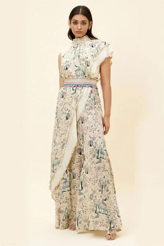 BEIGE CROP TOP WITH BEIGE MOR JAAL AND BEIGE SOLID DRAPE WITH BEIGE JAAL PRINT SHARARA PANTS AND EMB BELT Iron Safe Non-Iron Wrinkle Free BEIGE CROP TOP WITH BEIGE MOR JAAL AND BEIGE SOLID DRAPE WITH BEIGE JAAL PRINT SHARARA PANTS AND EMB BELT Iron Safe Non-Iron Wrinkle Free