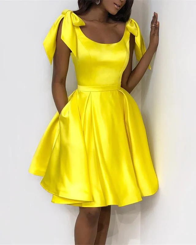 Elegant Yellow Satin Homecoming Dresses,Blue Black 8th Grade Prom Dress,Wedding Party Dress Tunics Ceremony elegant