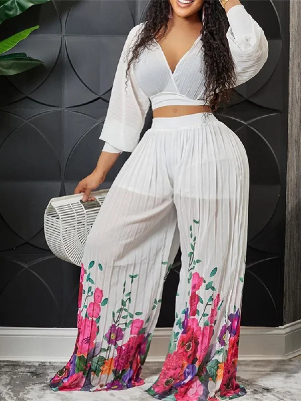 Women Print Pleated Wide Leg Pants 2 Piece Sets Solid V-neck Long Sleeves Crop Tops Suits Summer female Floral Vacation Outfits Hooded Caped Shawl Collar
