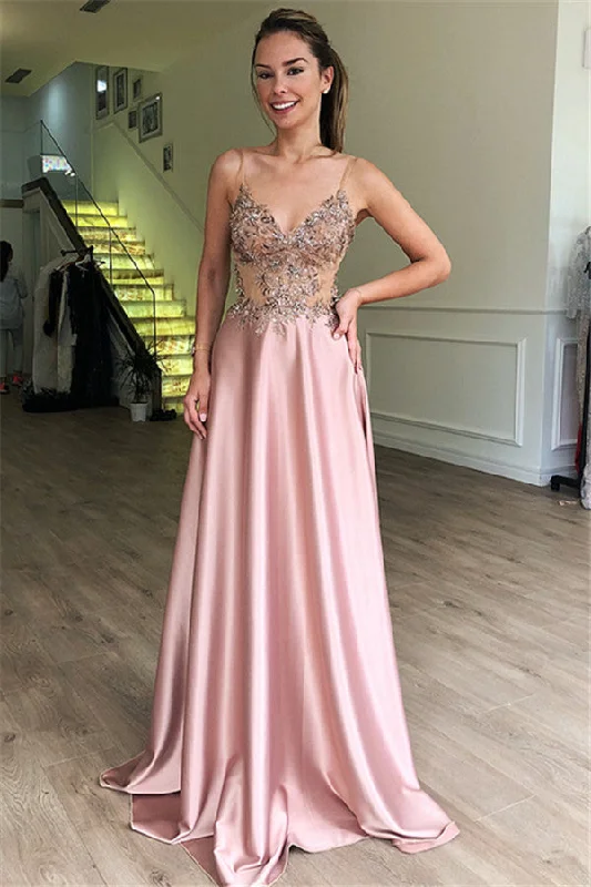 Pink Appliques Spaghetti-Straps Prom Dresses | See-Through A-Line Sexy Party Dresses Pencil Length Work Pink Appliques Spaghetti-Straps Prom Dresses | See-Through A-Line Sexy Party Dresses Pencil Length Work