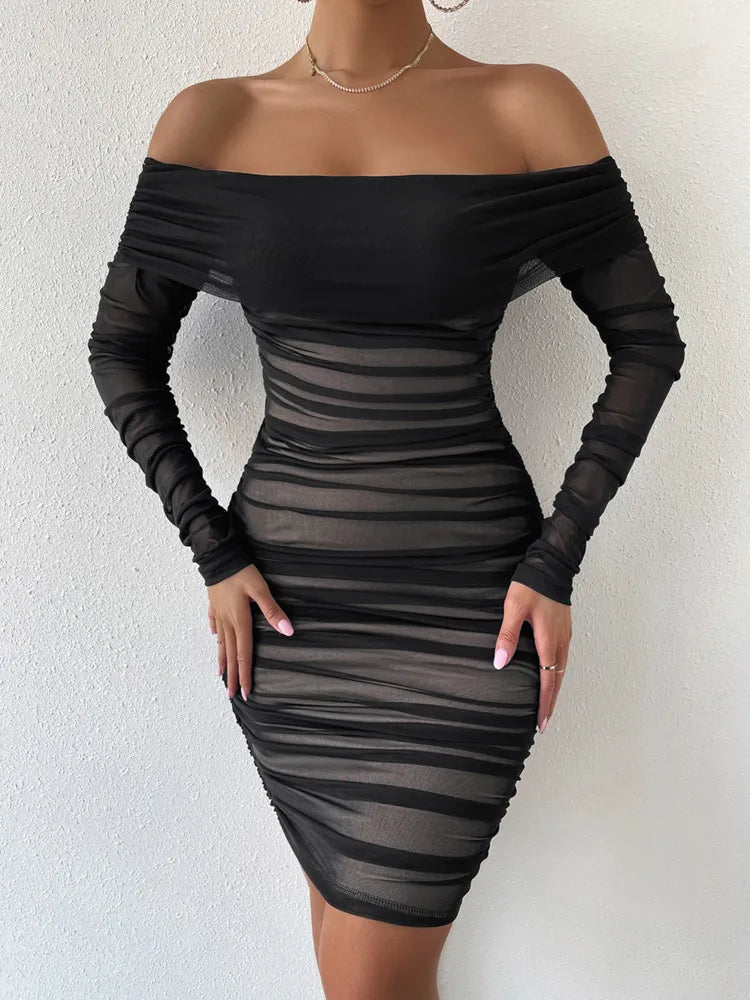 Shoulder Mesh Party Dress Women Clothing Sexy Club Backless Ruched Bodycon Dresses Long Sleeves Autumn Vestidos Crew Neckline Sporty