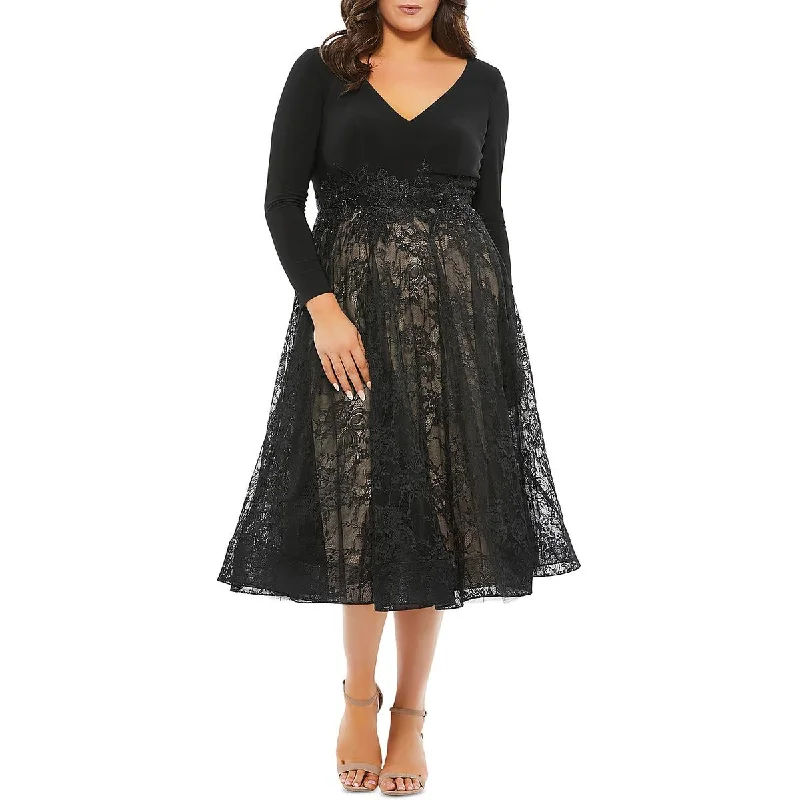 Plus Womens Lace Overlay V-Neck Cocktail And Party Dress Tunics Office stylish