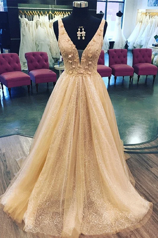 Shiny A Line V Neck Champagne Floral Sequin Long Tulle Prom Dress,Wedding Party Dresses Tunics Modern contemporary Shiny A Line V Neck Champagne Floral Sequin Long Tulle Prom Dress,Wedding Party Dresses Tunics Modern contemporary