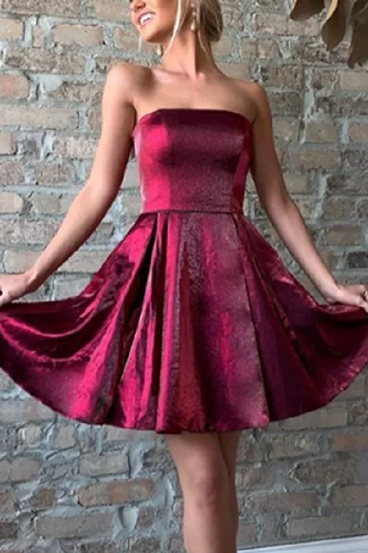 Strapless Burgundy Satin Short Homecoming Dresses,Party Dresses Tunics Sophisticated sleek Strapless Burgundy Satin Short Homecoming Dresses,Party Dresses Tunics Sophisticated sleek