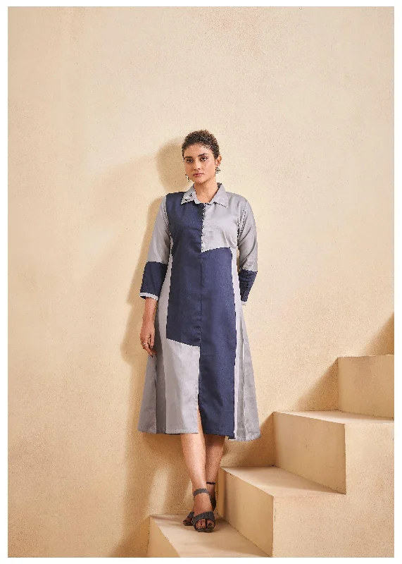 Blue and Grey Color-Blocked  Poplin A-Line Dress Tunics Velvet soft