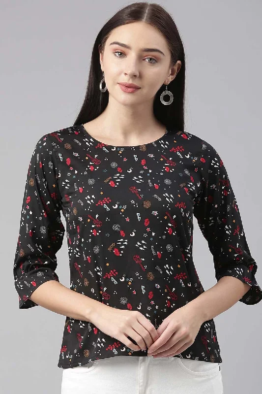 Black Crepe Conversational Printed Crop Top Cashmere Blend Cotton Blend Poly Blend