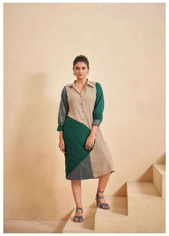 Color-Blocked Green and Beige Cotton Poplin A-Line Dress Tunics Canvas sturdy