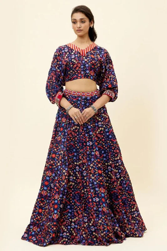 BLUE RASA JAAL PRINT LEHENGA WITH DOLMAN SLEEVES CROP TOP Striped Floral Plaid