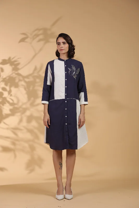 Navy Blue & White Cotton Bird Motif Embroidered Rayon Dress Tunics Practical durable Navy Blue & White Cotton Bird Motif Embroidered Rayon Dress Tunics Practical durable