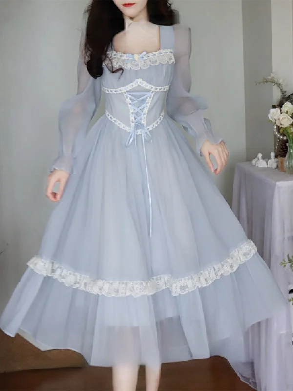 Summer Vintage Fairy Dress Women Bow Lace Korean Style Mid Dress Female Blue Lace Long Sleeves Elegant Party Dress Casual Tunics Long Elegant Summer Vintage Fairy Dress Women Bow Lace Korean Style Mid Dress Female Blue Lace Long Sleeves Elegant Party Dress Casual Tunics Long Elegant