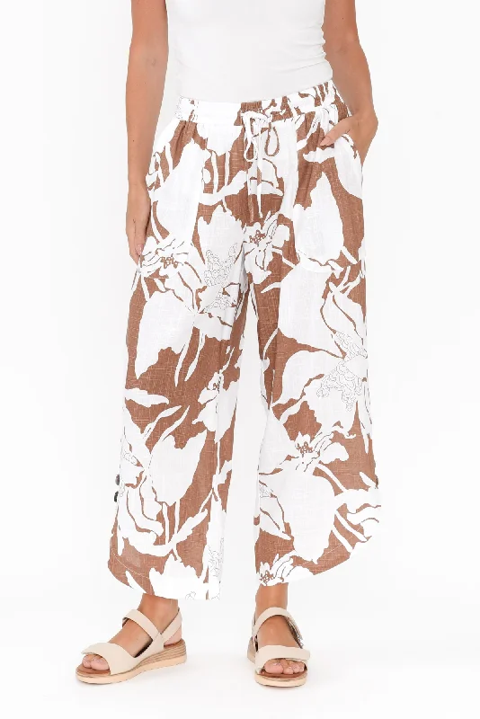 Scotty Brown Floral Linen Cotton Pants Comfortable Wide-Leg Pants