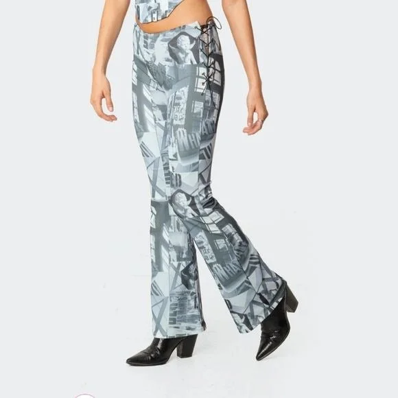 Casper Laced Flare Pants | Lace-up Sides Cool Blue Hues Retro Vibes Chic Faux Leather Pants