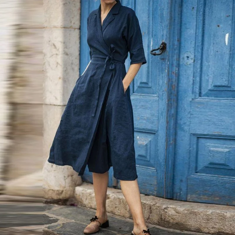 Elegant Half Sleeve Cotton Linen Party Dress Fashion Office Lady Lapel Wrap Lace-Up Long Dress Autumn Casual Pocket Solid Dress Lace Sexy Club Elegant Half Sleeve Cotton Linen Party Dress Fashion Office Lady Lapel Wrap Lace-Up Long Dress Autumn Casual Pocket Solid Dress Lace Sexy Club