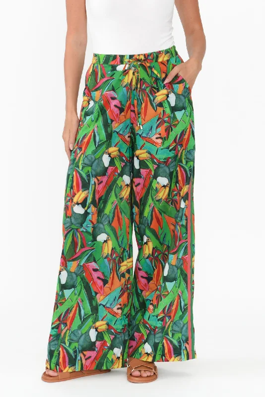 Stephie Green Jungle Cotton Tie Pants Trendy Palazzo Pants