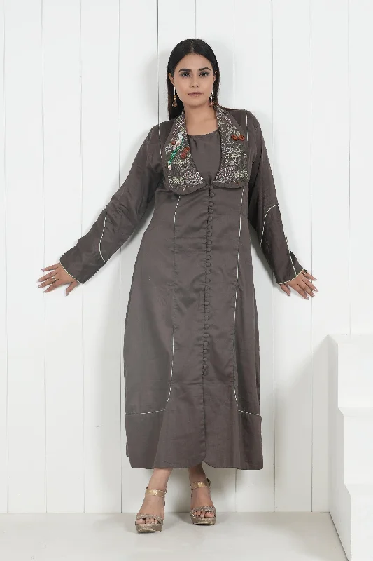 Coffee Brown Flared Dress With Tropical Embroidery On Extended Spread Collar Tunics Hiking breathable Coffee Brown Flared Dress With Tropical Embroidery On Extended Spread Collar Tunics Hiking breathable