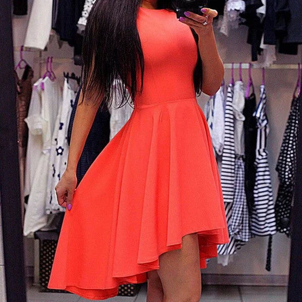 Women Sexy Summer Dress Slim Beach Party Dresses Sleeveless Asymetrical Hem Pure Color O-Neck Mini Sundress Vestidos Female Sequined Elegant Party