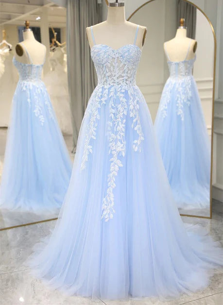 Sweet light blue sheer A-line shoulder strap dance dress with lace party dress, light blue off shoulder and floor length style evening dress Tunics Silk luxurious Sweet light blue sheer A-line shoulder strap dance dress with lace party dress, light blue off shoulder and floor length style evening dress Tunics Silk luxurious
