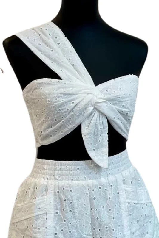 Eyelet One Shoulder Twist Crop Top Denim Fabric Leather Fabric Suede Fabric