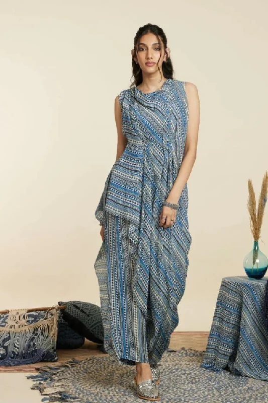 BLUE BOHO STRIPE PRINT CROP TOP WITH ATTACHED DRAPE WITH PANTS Terry Blend Velvet Blend Canvas Blend BLUE BOHO STRIPE PRINT CROP TOP WITH ATTACHED DRAPE WITH PANTS Terry Blend Velvet Blend Canvas Blend