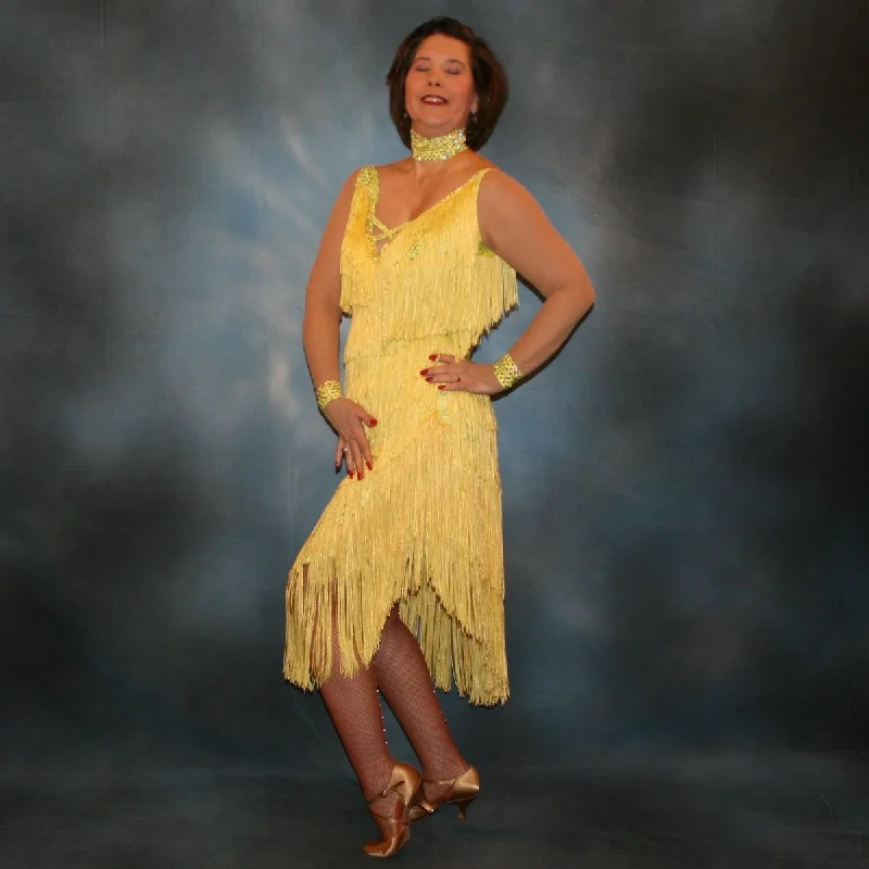 Yellow Latin-Rhythm Dress with Yellow Long Fringe & Swarovski Rhinestones-Carnival Tunics Fashionable chic Yellow Latin-Rhythm Dress with Yellow Long Fringe & Swarovski Rhinestones-Carnival Tunics Fashionable chic