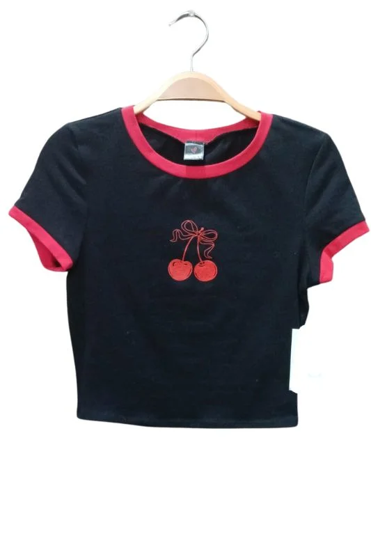 Cherry Bow Crew Short Sleeve Crop Top Spandex Blend Rayon Blend Denim Blend