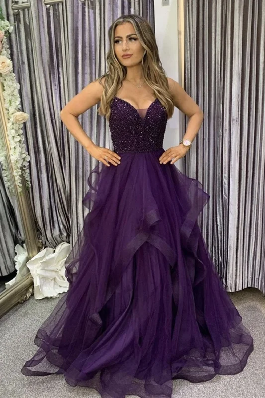 Fluffy A-line V neck Tulle Purple Formal Prom Dress with Beading,Party Dress Tunics Designer luxury Fluffy A-line V neck Tulle Purple Formal Prom Dress with Beading,Party Dress Tunics Designer luxury