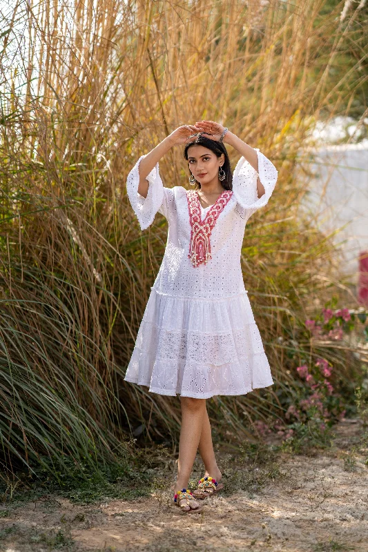 White Schiffli Embroidered Cotton Tiered Dress Tunics Party sparkling