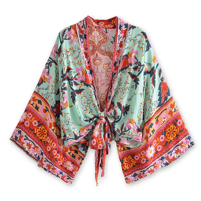 Aqua Blue Boho Floral Print Crop Top Print Jacquard Patchwork